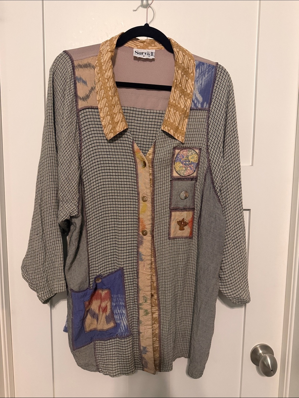 Surya Vintage 90s Multicolor Patchwork Button-Front Boho Lagenlook Shirt Jacket